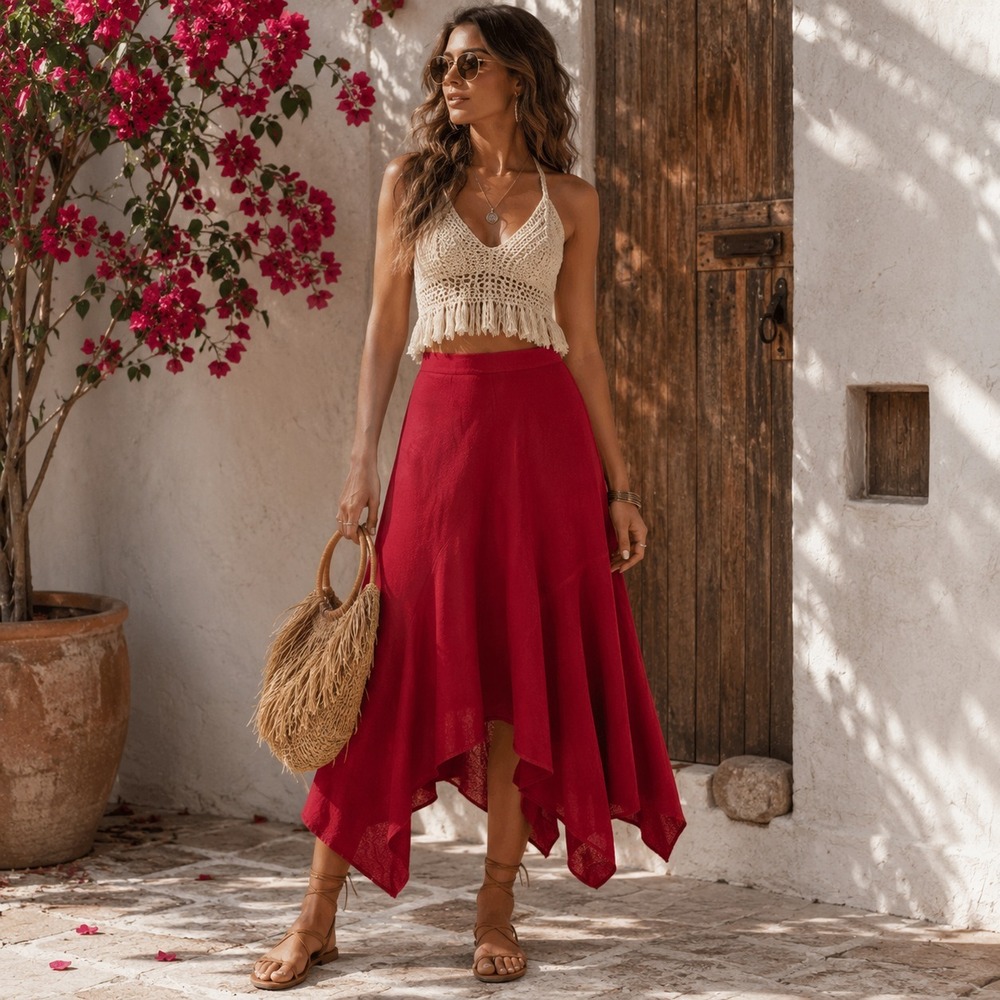 Larry Levine Linen Blend Skirt Womens 10 Red Handkerchief Hem Midi Boho